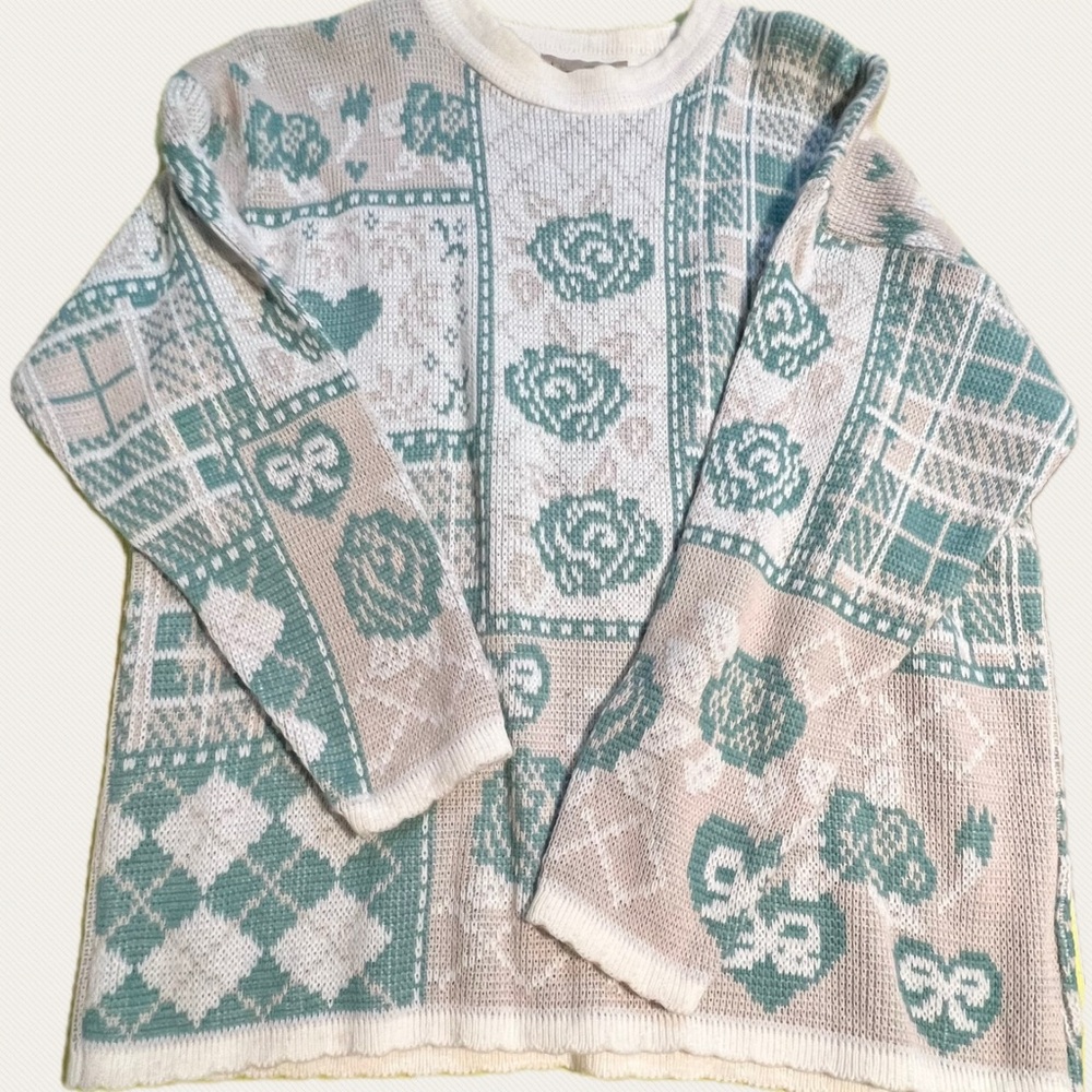 VINTAGE 80s pastel knit sweater heart argyle‎ plaid bow floral rose cottagecore